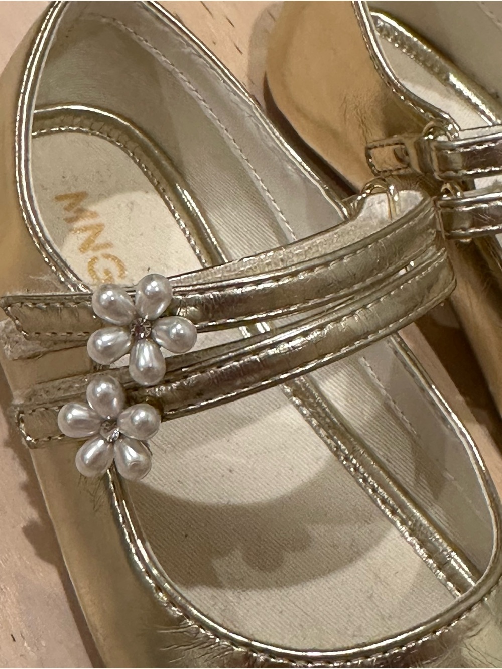 Mango Gold Mary Jane Shoes with Pearl Cluster
